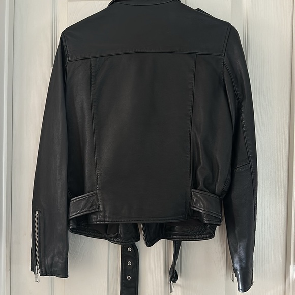 All Saints Balfern Black Biker Cropped Belted Leather Jacket $528. - Picture 3 of 6